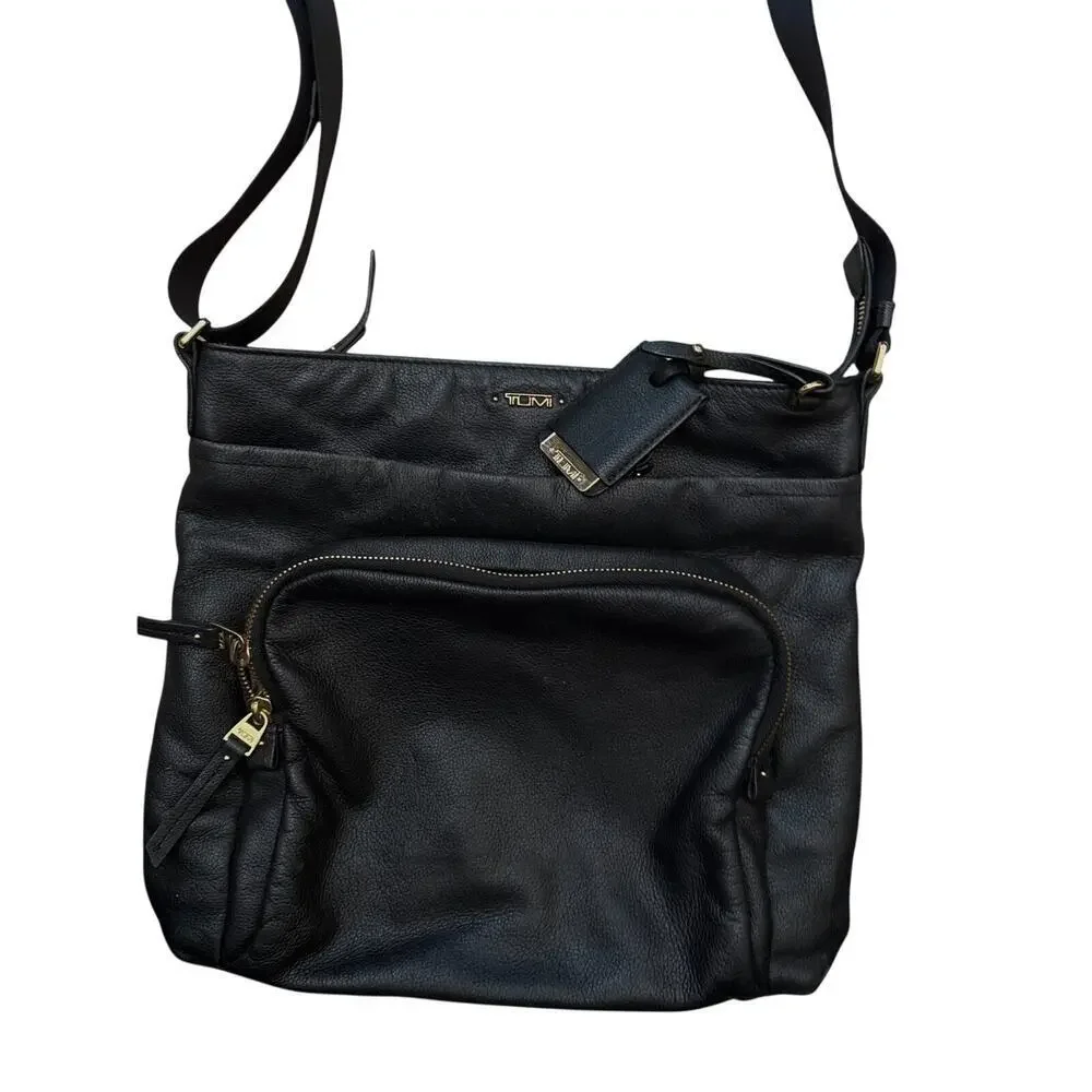 Vintage TUMI Black Leather Crossbody Bag Adjustable Strap